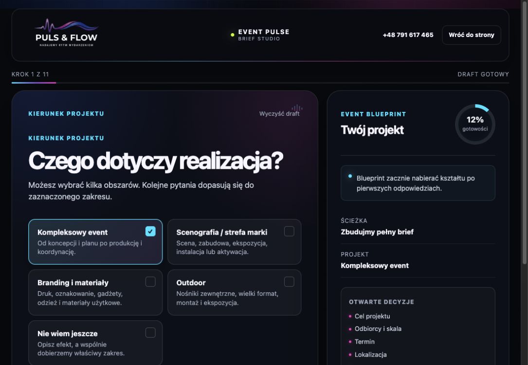 Interfejs Event Pulse porządkujący założenia wydarzenia